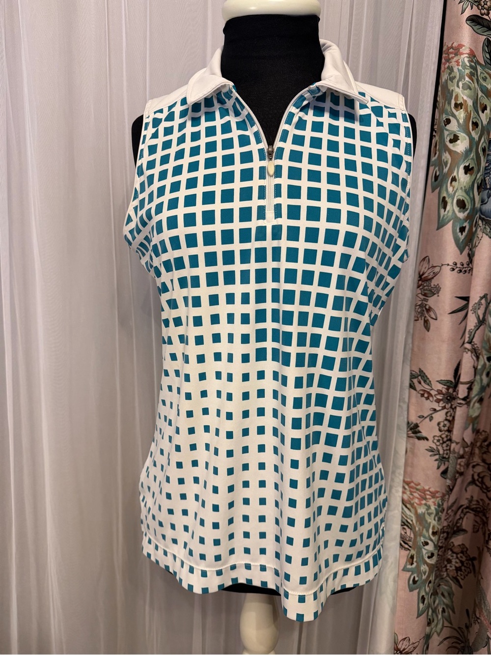 Slazenger Sleeveless Zip Polo in Teal and White Grid